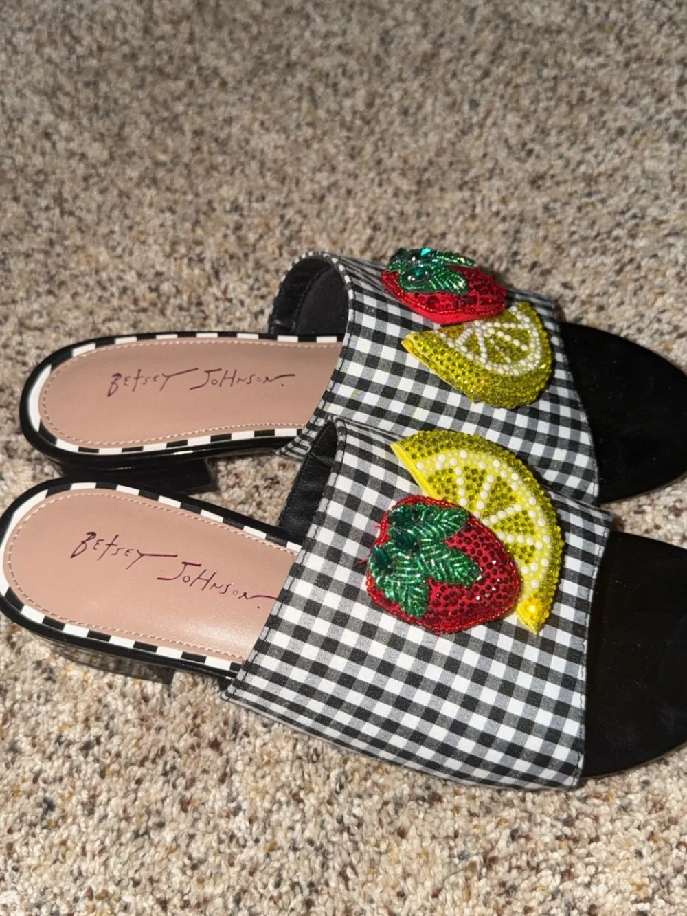 Betsey Johnson Black Gingham Sequin Fruit Slide Mules